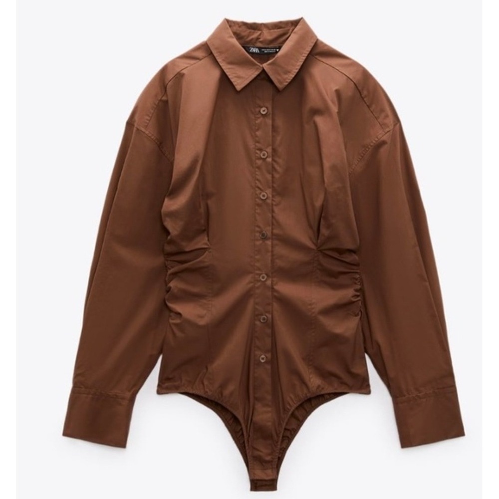 Zara Brown Poplin Ruched Side Button Down Bodysuit Small 8802/337 small